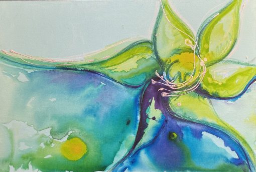 This flowing acrylic painting, predominantly in relaxing blues and greens, has accents of warm, bright colour to spark interest and provide energy.